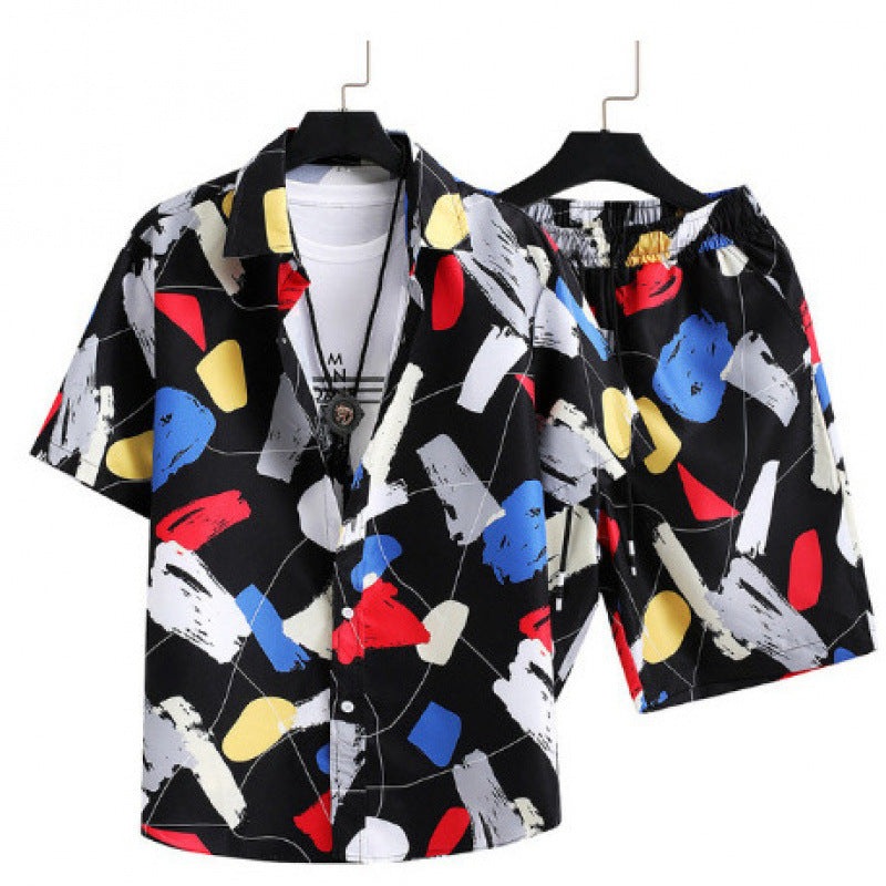 Men's Cardigan Casual Suit Digital Printing Short Sleeve Shorts Suit