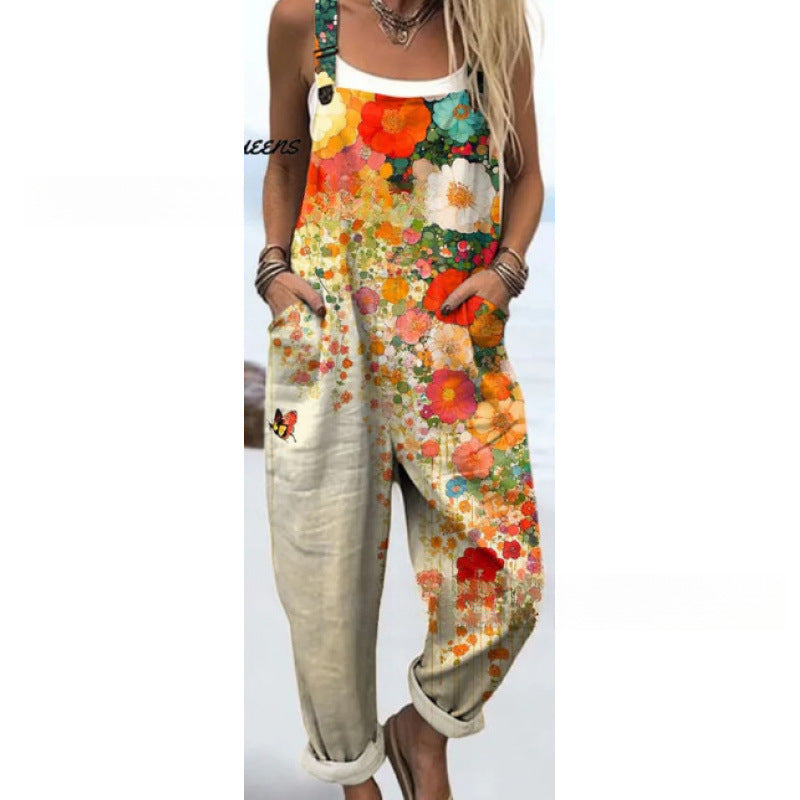 Women's Summer Digital Printing Button Casual Suspender Trousers
