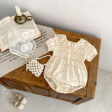 Big Lace Lapel Heart Printing Short Sleeved Kazakhstan Young Baby Girl Onesie Jumpsuit