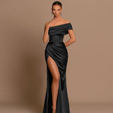 Elegant Off Shoulder Satin Slit Dress, Wedding Extra Long Formal Gown, Christmas Party Dress, Bridesmaid Dress