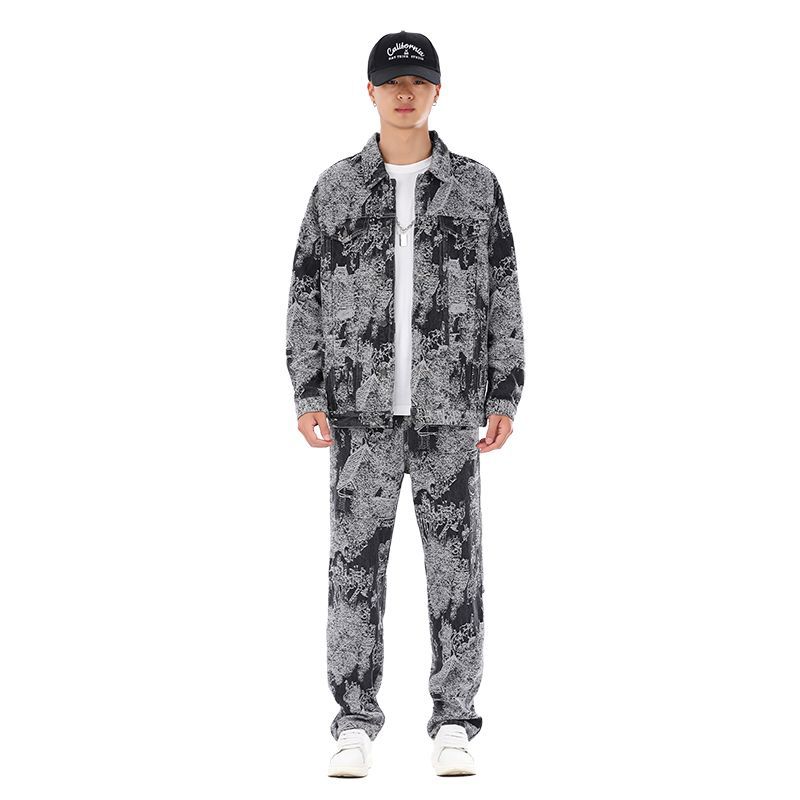 Mens Sophisticated Embossed Denim Jacket For Spring And Autumn In A Casual American Style relaxed fit drop shoulder denim set front view