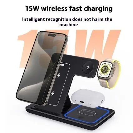 15W 3 In 1 LED Fast Wireless Charger Stand Foldable Charging Station For Smart Phone 15 14 13 12 11 IWatch 9 8 7 6 5 Airpods Pro null