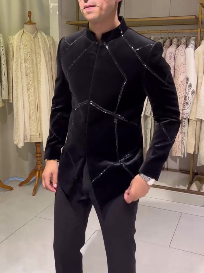 Chic Black Structured Jacket With Contrast Geometric Accents