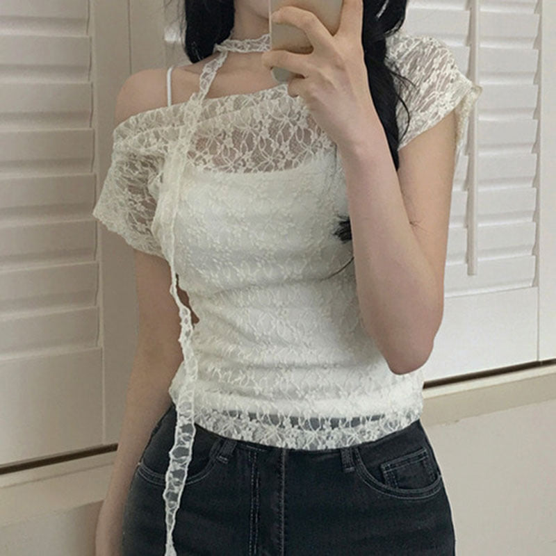 Lace Slimming Hollow-out Short-sleeve Off-shoulder T-shirt Top