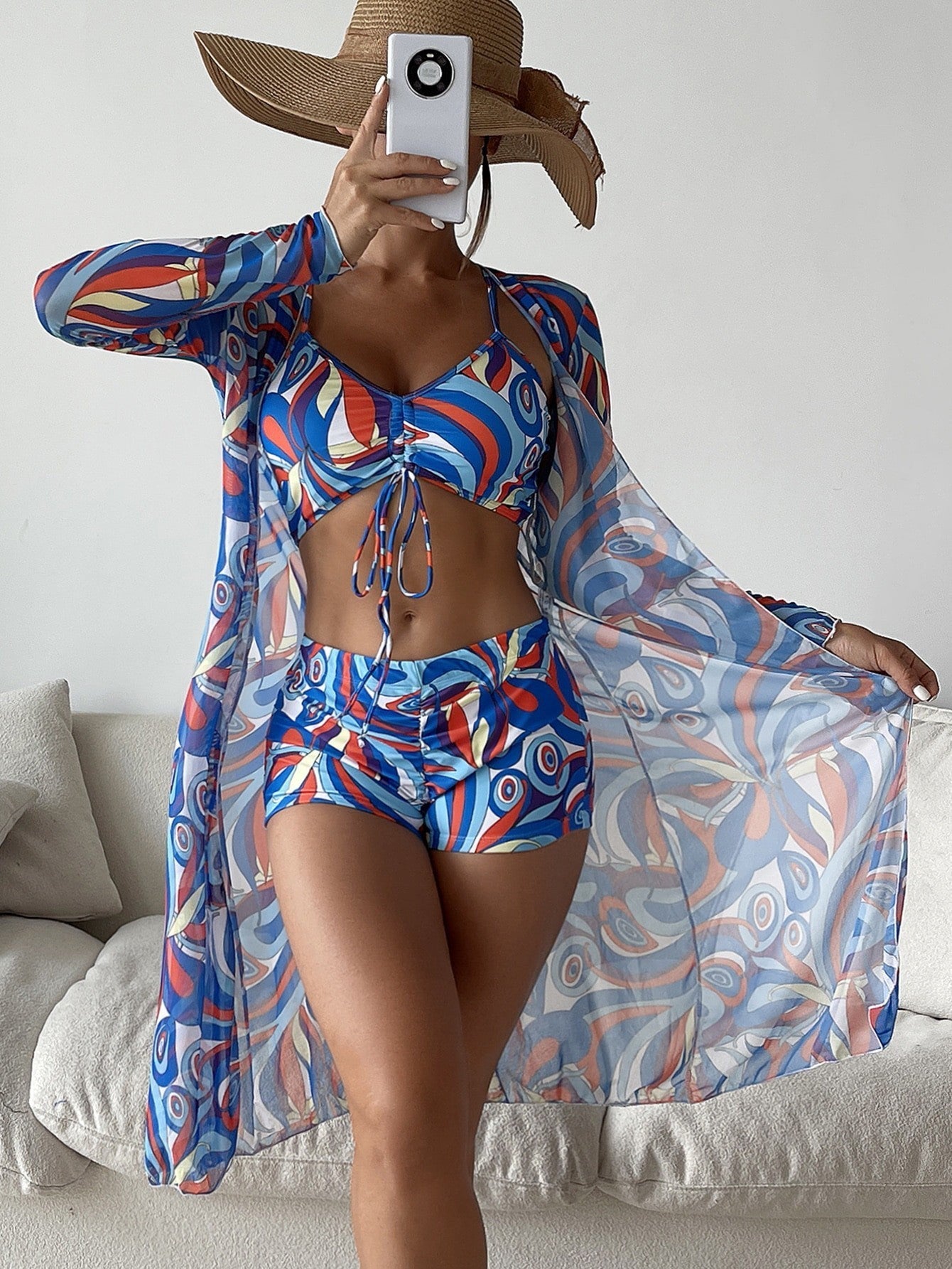 3pcs Pring Bikini With Long Sleeve Cardigan Fashion Summer Beach Swimsuit Women.