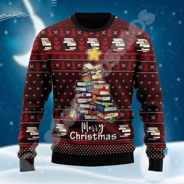 Christmas Chunky-knit Hoodie With Graffiti Tattoo And Vintage Print Unisex Harajuku-style Casual 3D Digital Design