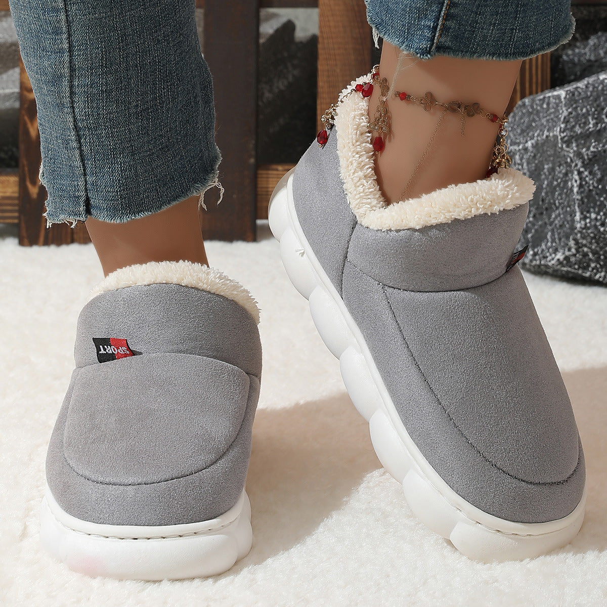 Winter Plush Cotton Shoes Women Men Warm Suede House Shoes For Parents Solid Color Thick-soled Garden Shoes Outdoor null