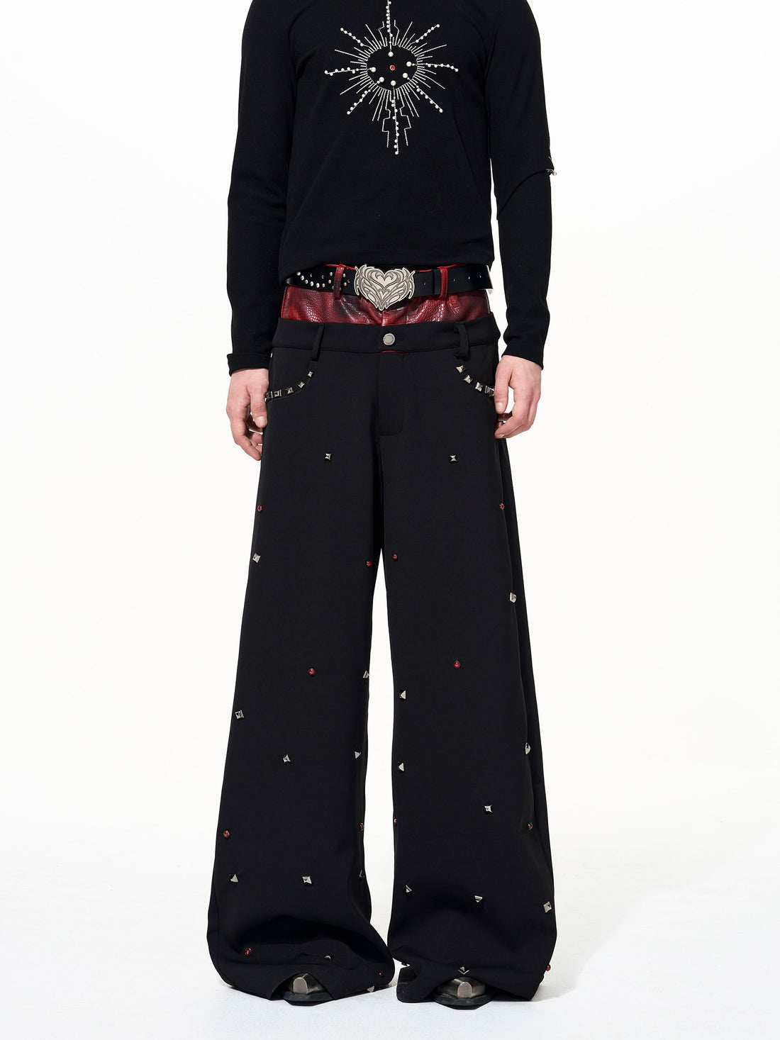 Alt Tag: Leather-look Black Studded Design Jacket And Casual Pants Set black studded wide-leg pants with black top for modern men fashion