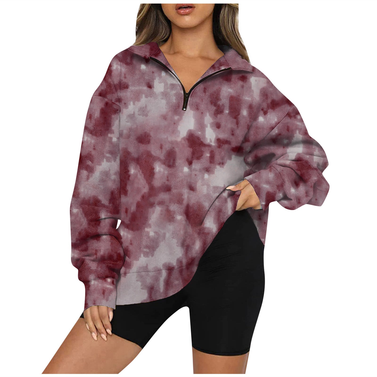 Tie Dye Printed Zippered Lapels Sweatshirt Womens Clothing Long Sleeve Loose Pocketless Top null