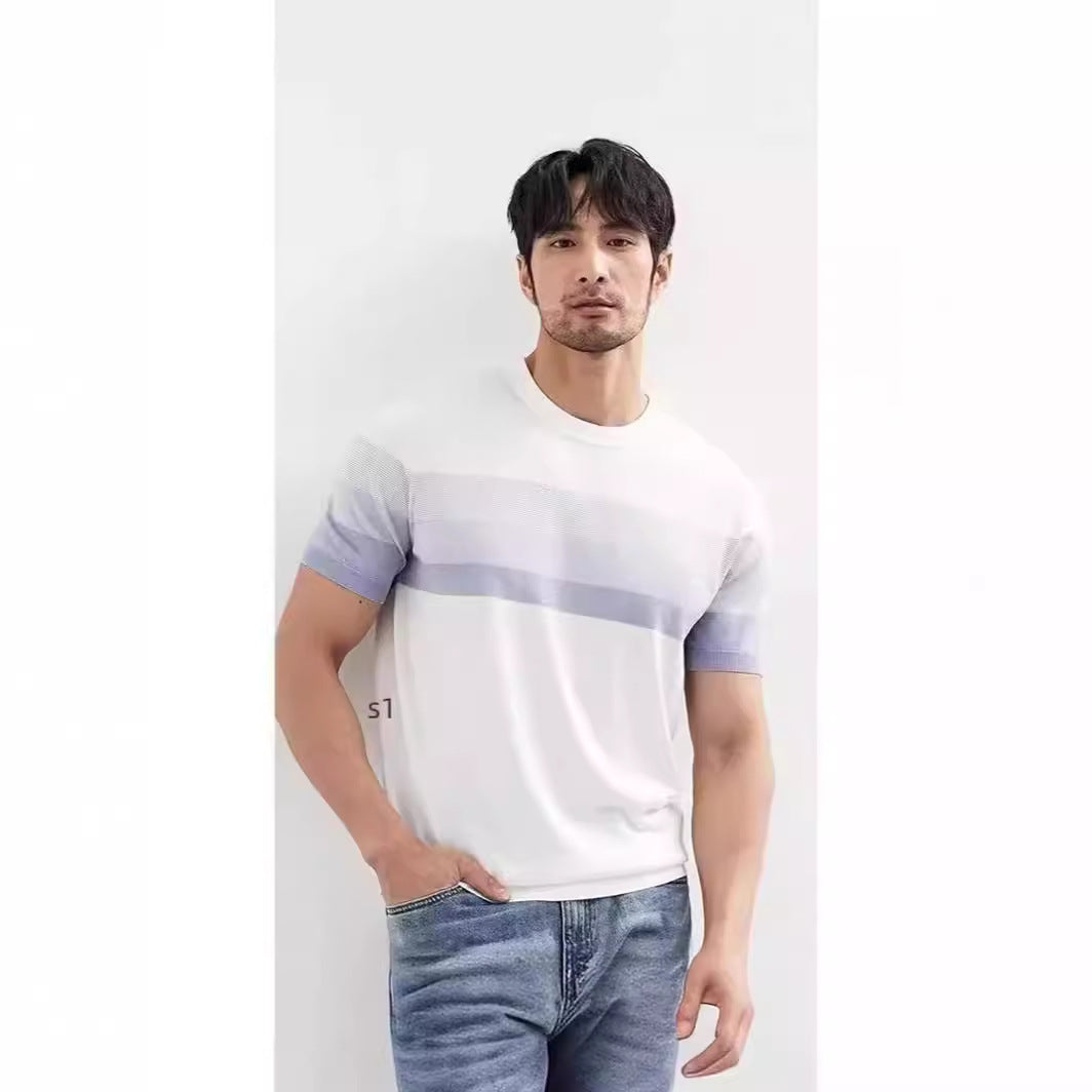 Summer New Light Mature Short Sleeve Knitted Sweater Men Gradient Color Block Stripe