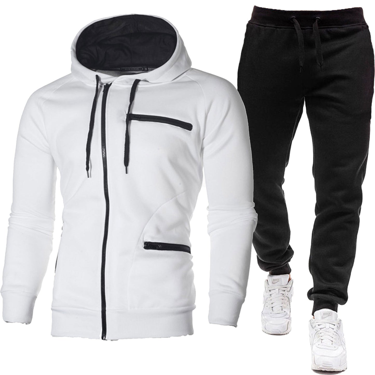 Men's Solid Color Sports Casual Jacquard Sweatshirt Fleece Hooded Cardigan Men's Suit