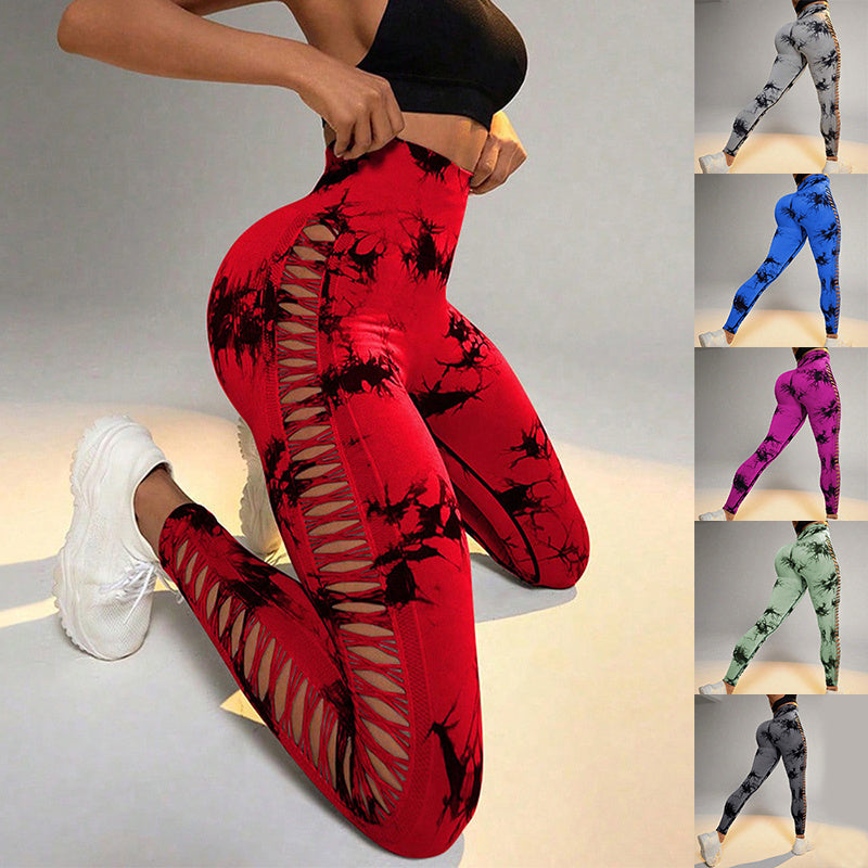 Hollow Tie Dye Printed Yoga Pants High Waist Butt Lift Seamless Sports Gym Fitness Leggings Slim Pants For Women Tight Trousers null