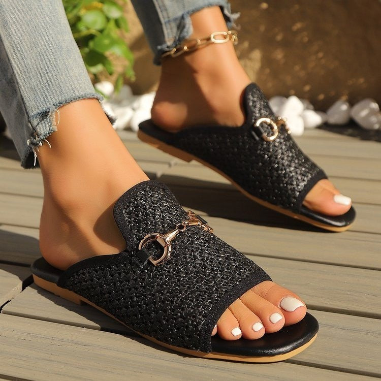 Hollow Square Toe Sandals Summer Fashion Solid Flats Slides Women Beach Shoes null