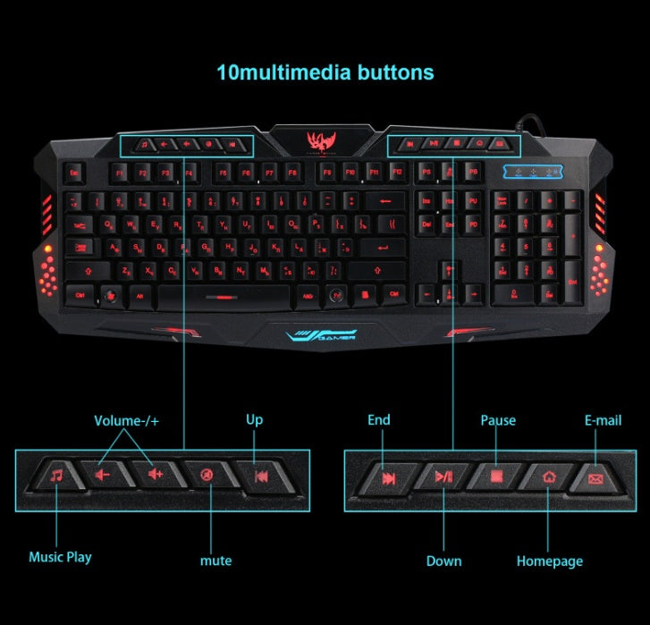 J10 tricolor backlight wired gaming keyboard set colorful luminous gaming mouse keyboard Russian keyboard null