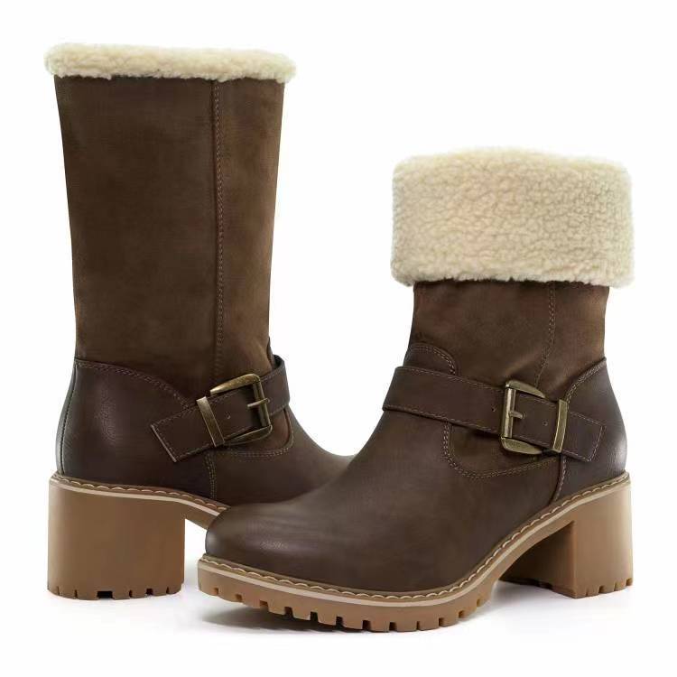 Fashion Boots With Buckle Chunky Heel Shoes Warm Winter Round Toe Western Boots For Women null