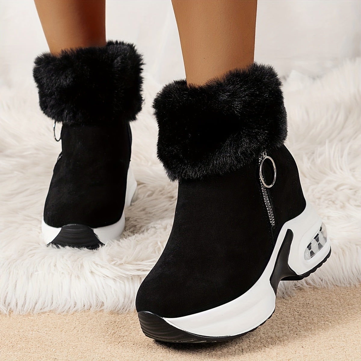 Women's Platform Short Boots, Comfortable Side Zipper Ankle Boots, Stylish Plush Lined Boots Dropshipman