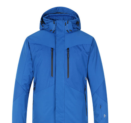 Mens New Thickened Insulated Winter Outdoor Shell Jacket in blue, waterproof windproof breathable hooded jacket for hiking camping and outdoor wear
