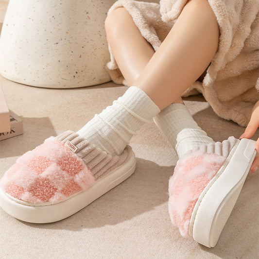 Plaid Plush Slippers Women's Indoor Plush Home Slippers Soft Sole Thick Non-Slip Warm House Shoes Couple Autumn And Winter null