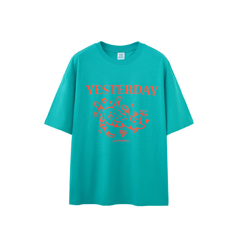 Contrast Color Cat Puff Print T-shirt American Style Trend Short Sleeve