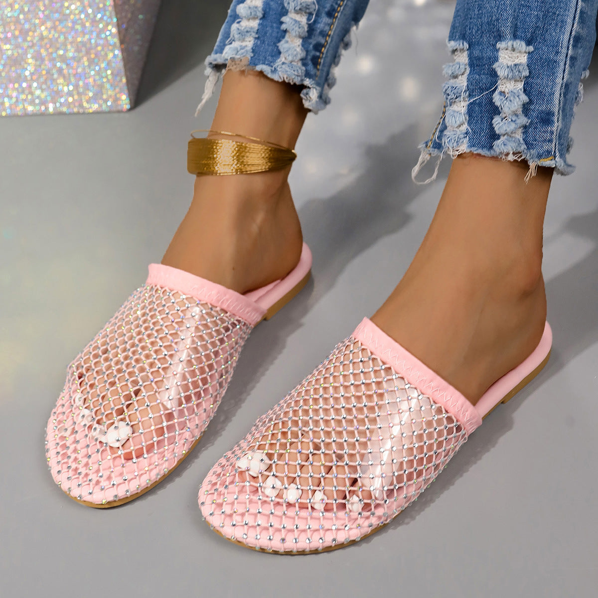 Hollow-toe Transparent Hollow Sandals With Rhinestones Summer Fashion Outdoor Slippers Flat Shoes For Women null