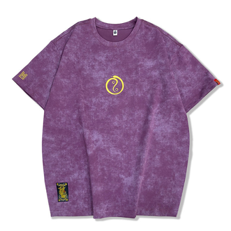 Embroidered Crew Neck Short Sleeve Washed Old Men