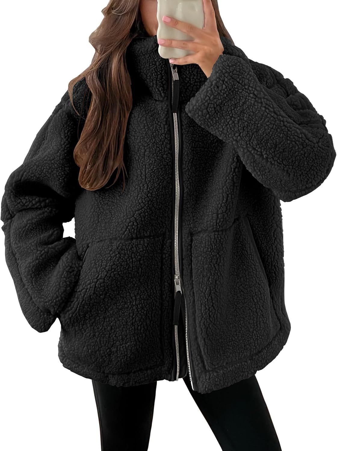 Winter Lapel Zip-up Coat With Pockets Casual Fashion Solid Fleece Jacket Fall Spring Long Sleeve Women's Clothing null