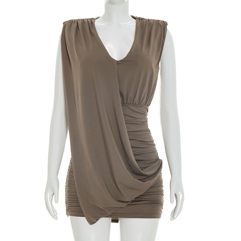 Designer Deep V-Neck Sleeveless Pleated Dress For Women