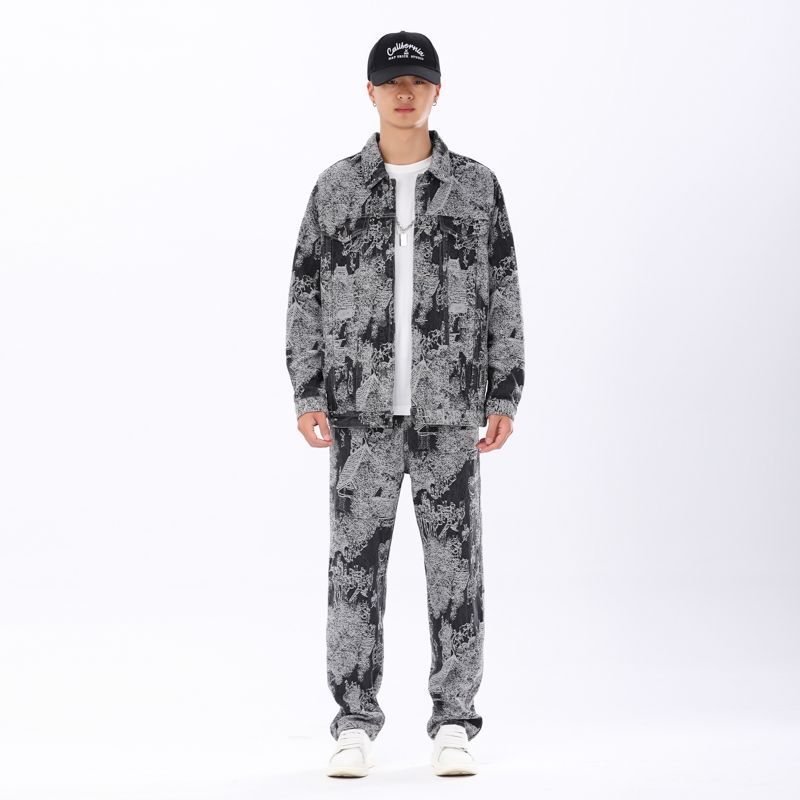 Mens Sophisticated Embossed Denim Jacket For Spring And Autumn In A Casual American Style on model, relaxed fit cotton, drop shoulder