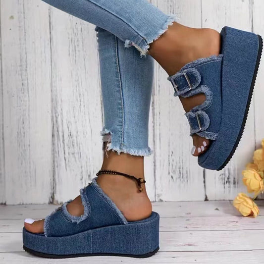 Fashion Denim Buckle Wedges Sandals Summer Outdoor High Heel Slippers Thick Bottom Camouflage Shoes For Women null