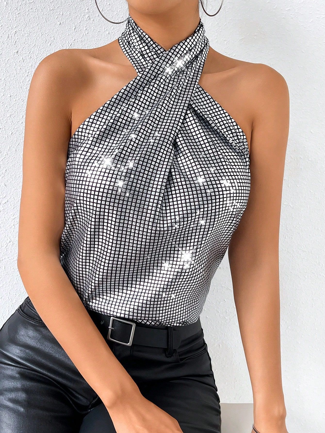 Womens Solid-Color Casual Minimalist Sequin Halter Top