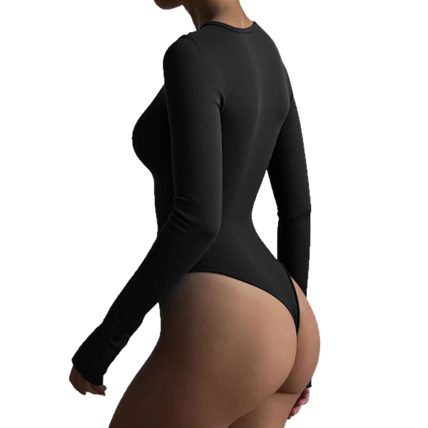 Solid Color Sexy Slim-fit Ribbed Button Long-sleeve Women's Bodysuit