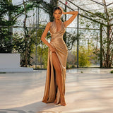 Women's Autumn Deep V Gathered Neck Party Cocktail Dress