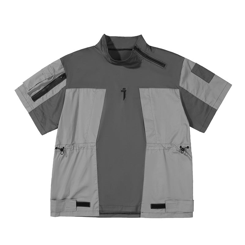 Summer New Mechanical Style Stitching Workwear Short Sleeve Men