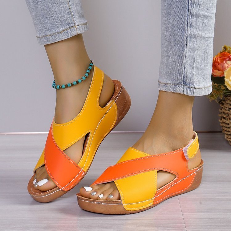 Summer Wedges Sandals With Colorblock Cross-strap Design Casual Thick-soled Roman Shoes For Women null