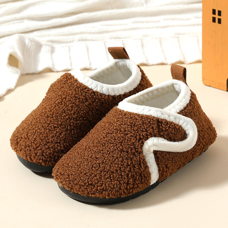 Autumn And Winter Children's Cotton Slippers With Fleece, Anti-slip Soft Sole