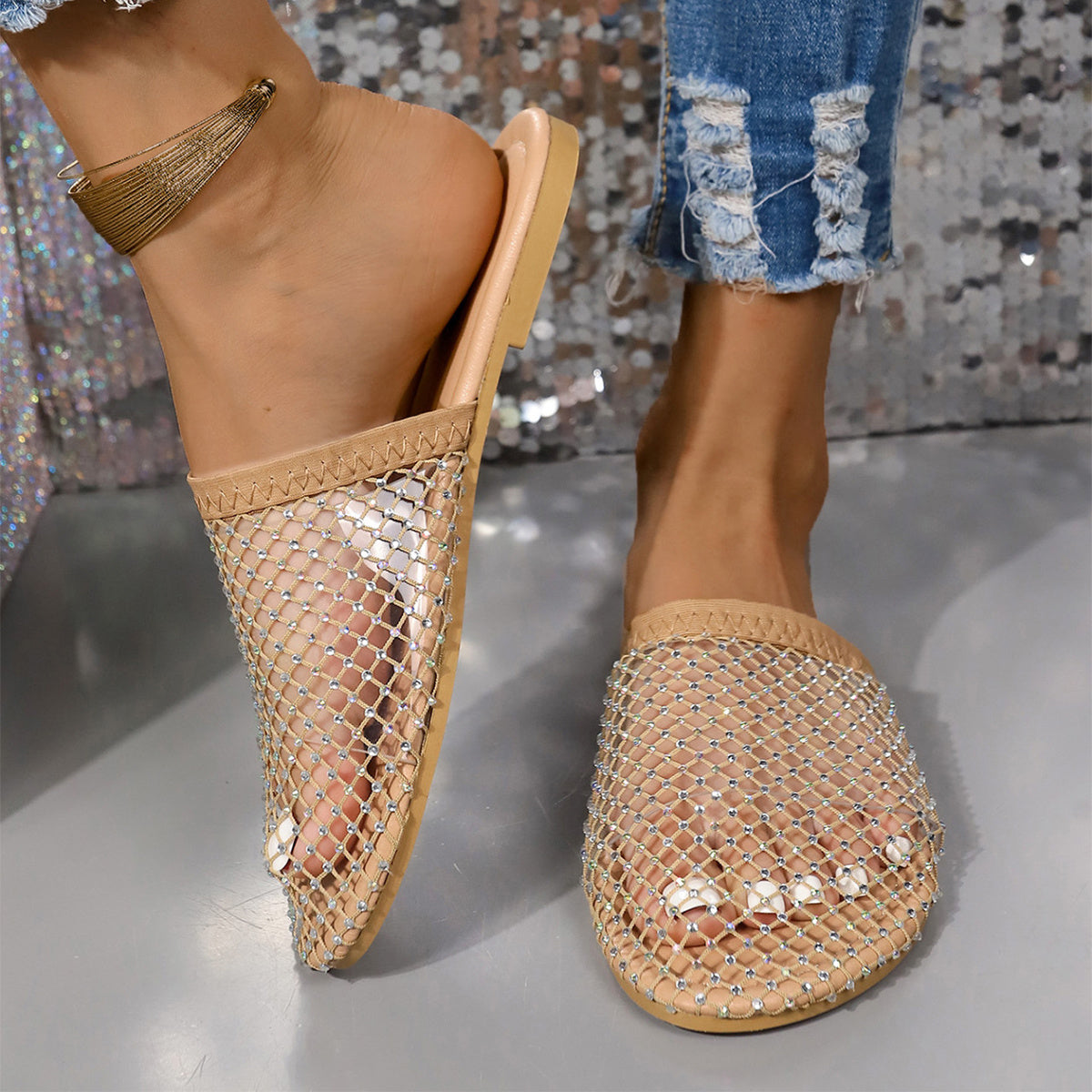 Hollow-toe Transparent Hollow Sandals With Rhinestones Summer Fashion Outdoor Slippers Flat Shoes For Women null