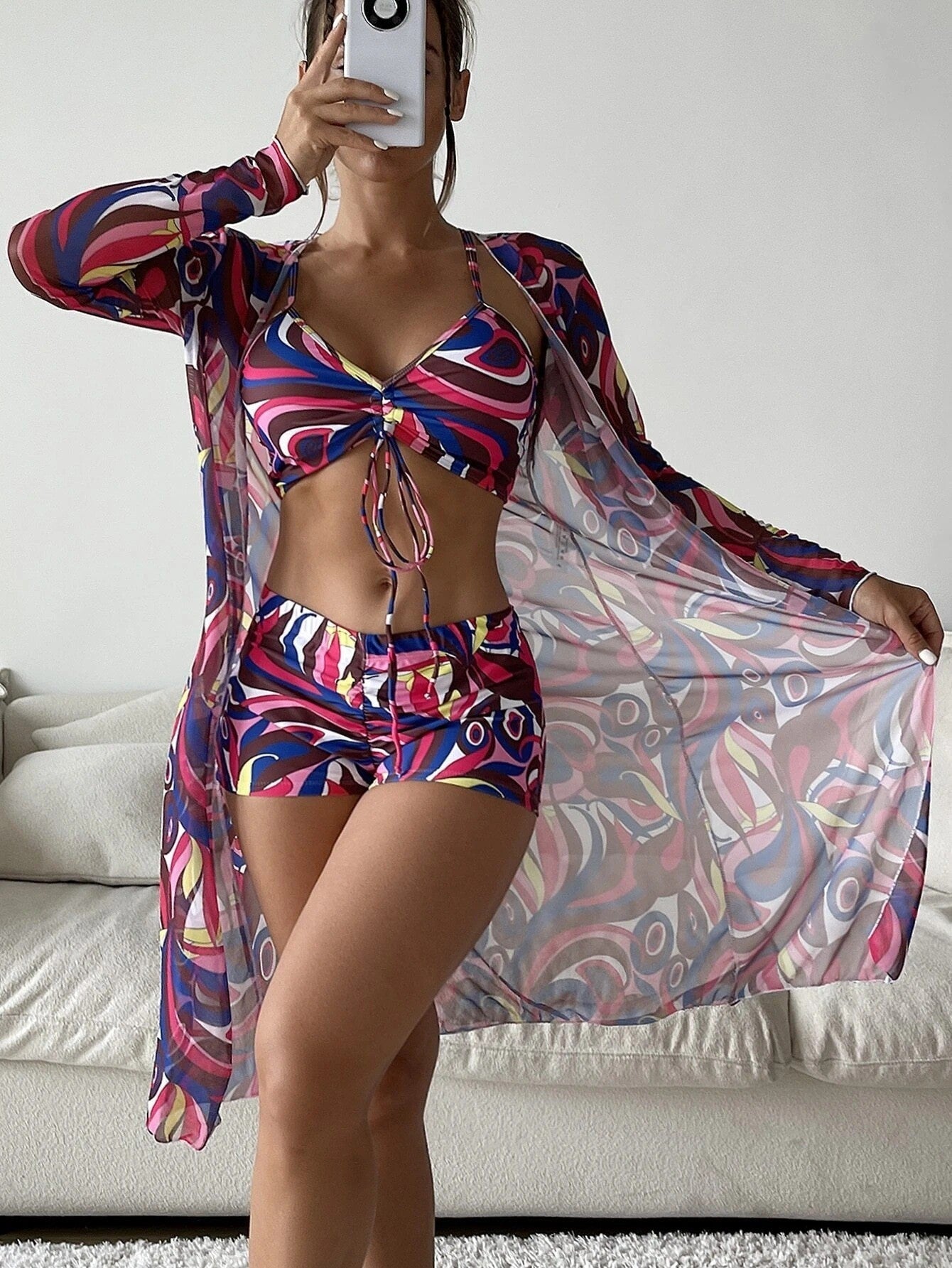 3pcs Pring Bikini With Long Sleeve Cardigan Fashion Summer Beach Swimsuit Women.