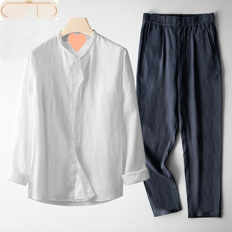 Men's Retro Thin Long Sleeve Linen Tang Suit Outfit