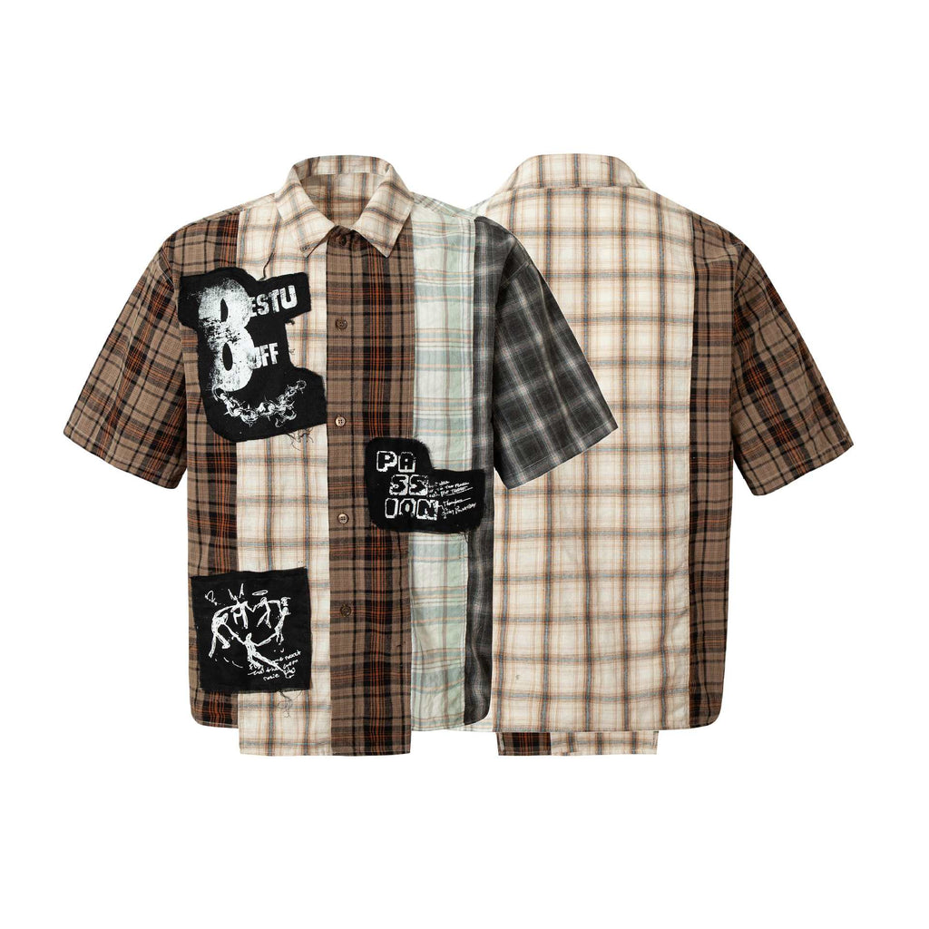 Retro Multicolor Plaid Stitching Graffiti Shirt