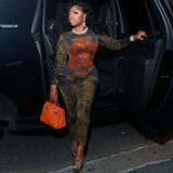 Women's Printed Sexy Mesh High Waist Slim-fit Zipper Long-sleeved Jumpsuit