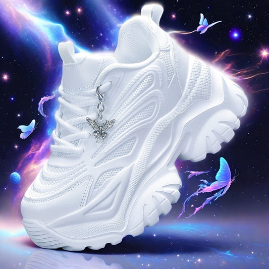 Women's Outdoor Four Seasons Fashion Casual Sports Shoes with Metal Silvery Butterfly Decoration Hanging Fashion Casual Shoes High Water Platform Thick Sole White High Heels Lightweight Anti-slip Wear-resistant Skateboard Shoes Dropshipman