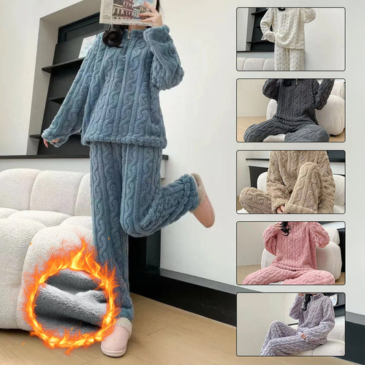 Autumn And Winter New Twist Zipper Couple Fleece-lined Thick Coral Fleece Pajamas Homewear Loungewear Sleepwear For Sleeping null