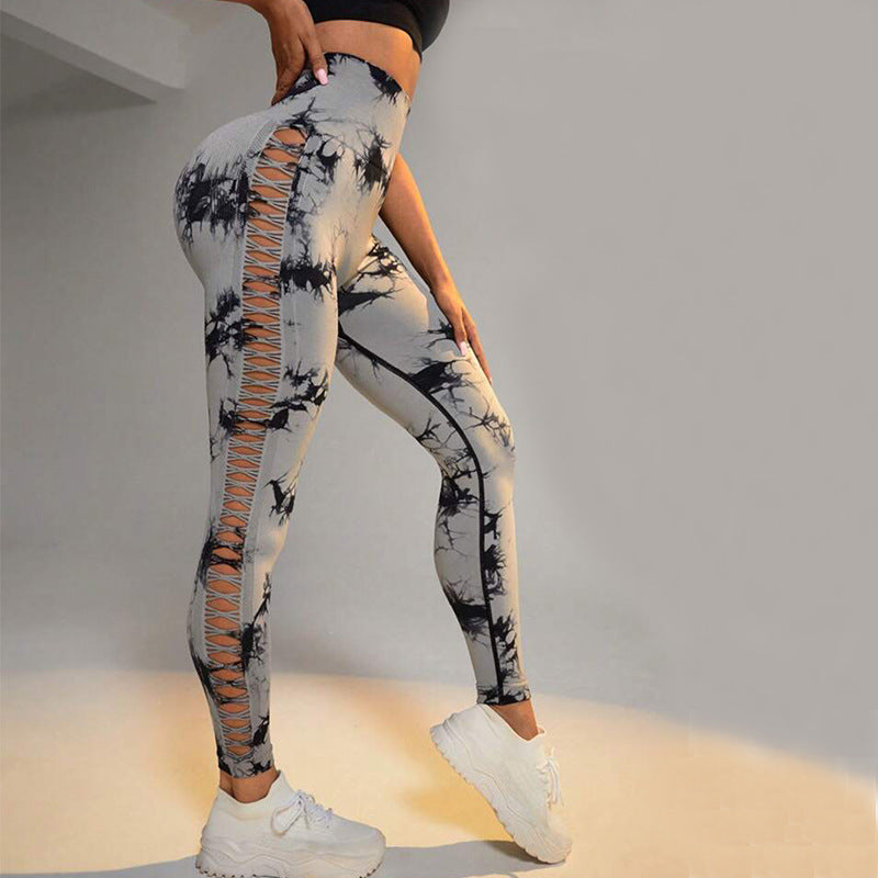 Hollow Tie Dye Printed Yoga Pants High Waist Butt Lift Seamless Sports Gym Fitness Leggings Slim Pants For Women Tight Trousers null