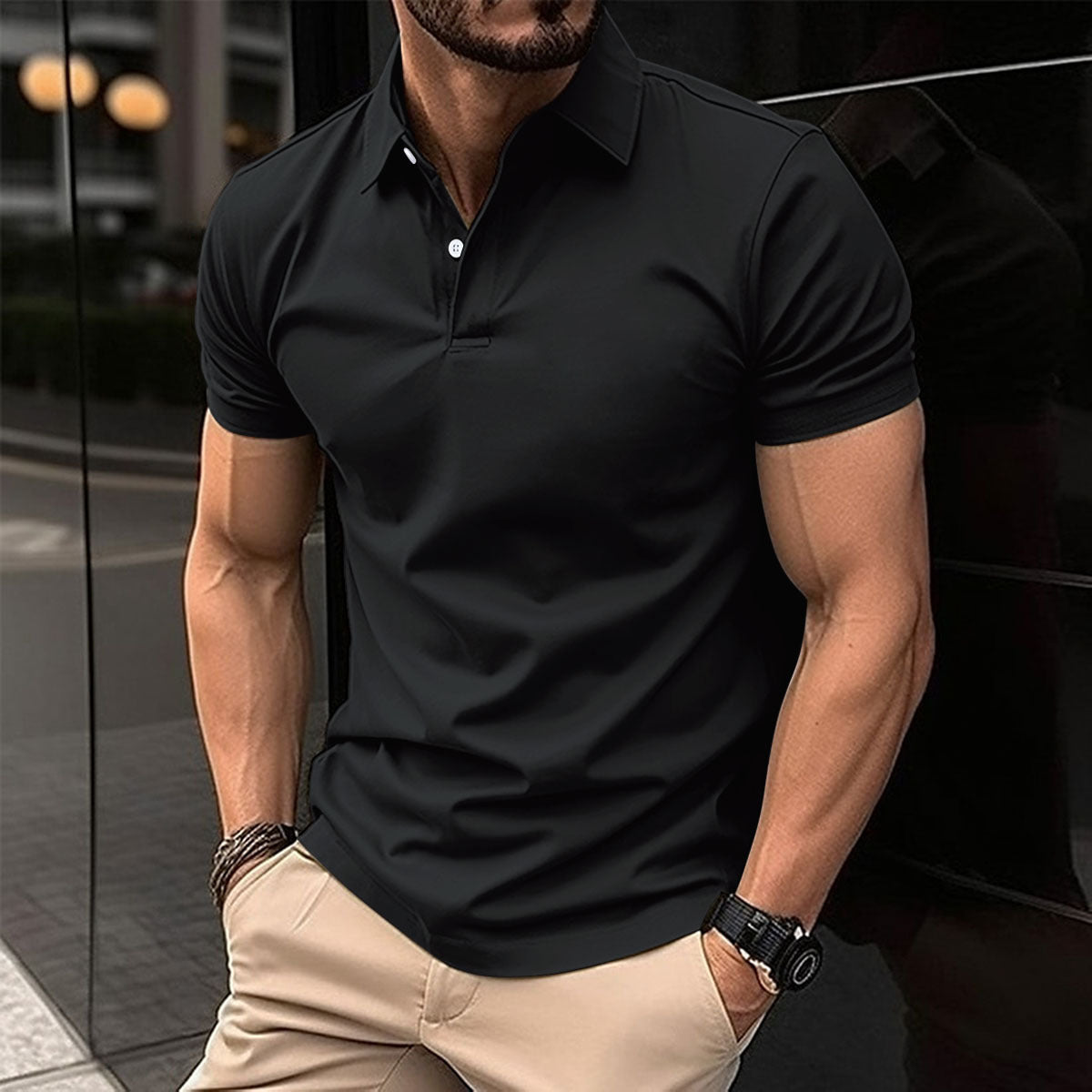 Summer Short Sleeve Polo Shirt Men Solid Color Button Lapel Button Top null