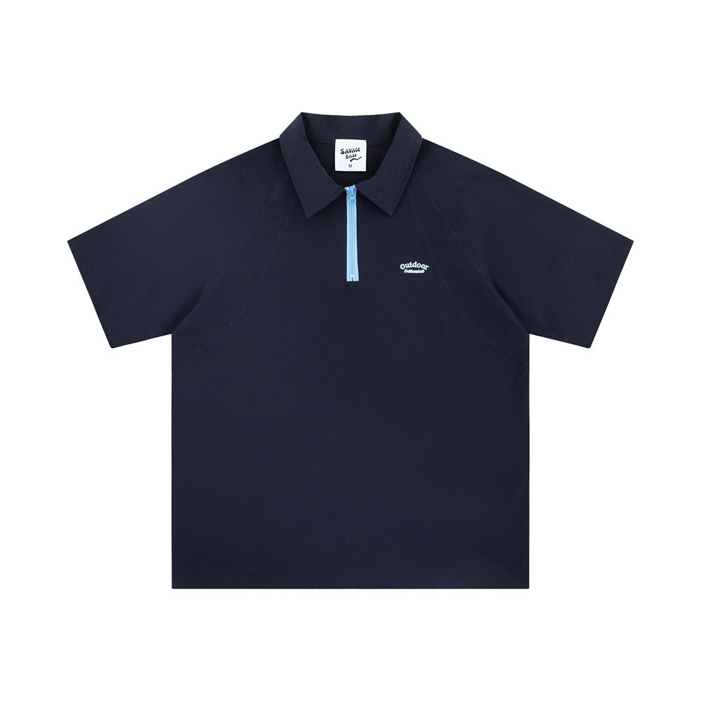 Men's Sports Topstitching Half Zipper And Lapel Short Sleeve