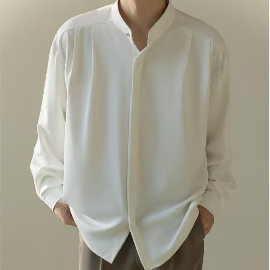 Mens Casual Loose-fitting Long-sleeve Shirt With A Stand-up Collar