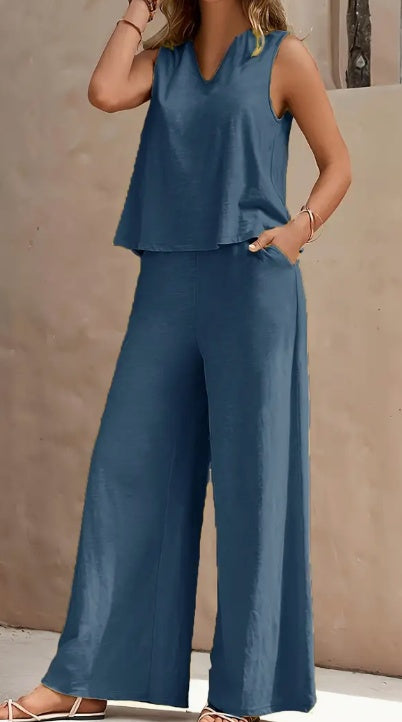 Solid Color Summer Casual Pants Set, V Neck Tank Top & Wide Leg Pants Outfits, Women's Clothing null