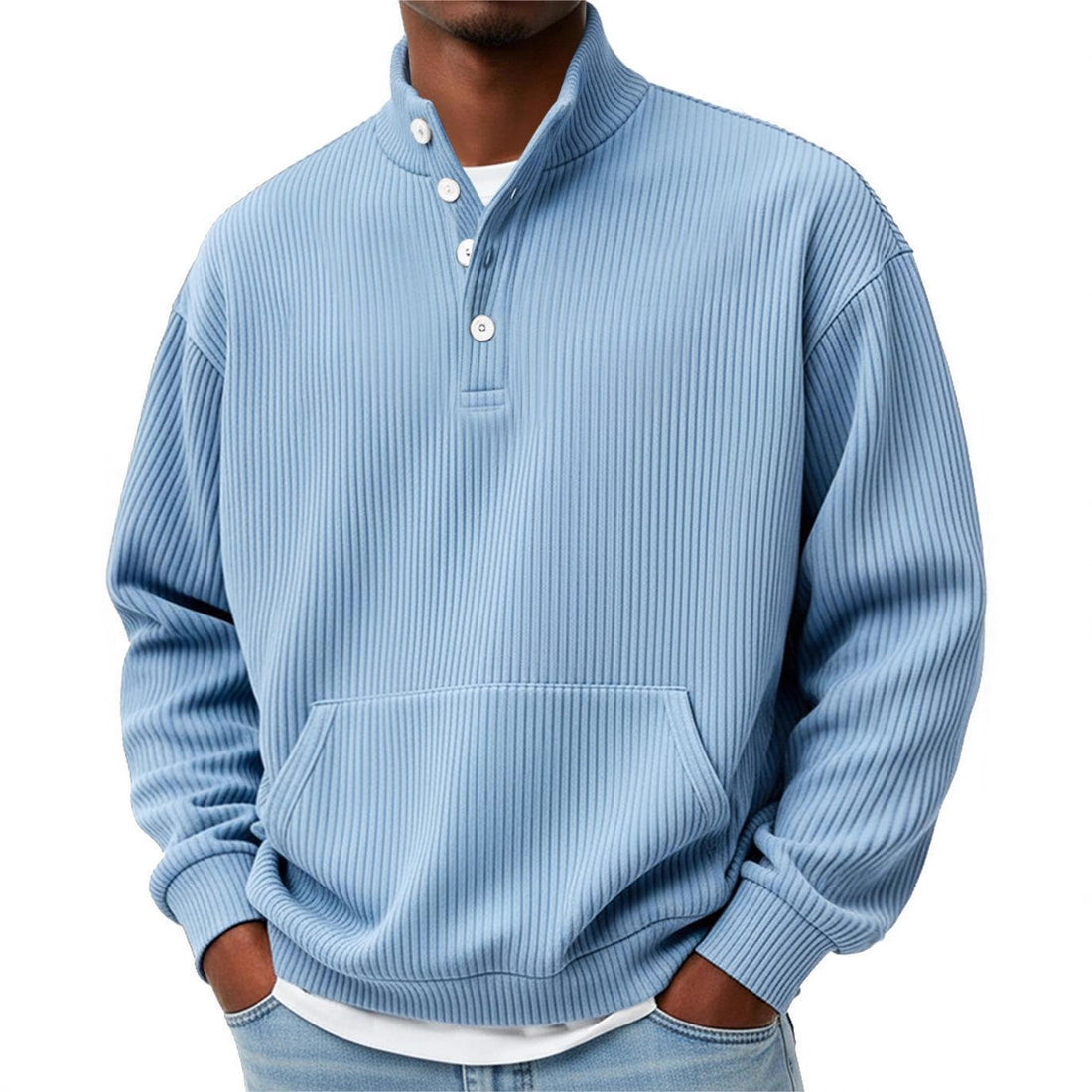 Pull ras du cou uni décontracté à manches longues pour homme avec poches pour le printemps et l'automne, vêtement ample à col polo boutonné, t-shirt, haut décontracté pour homme