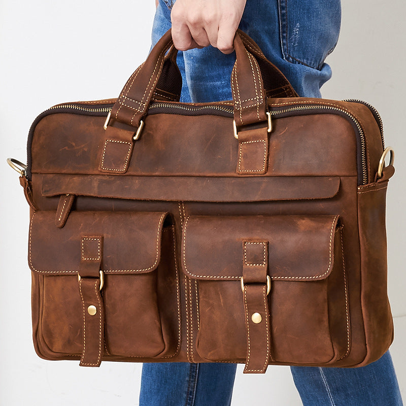 Genuine men''s bags retro men''s business bags briefcase cowhide oblique Bag 15.6 inch Laptop Bag null