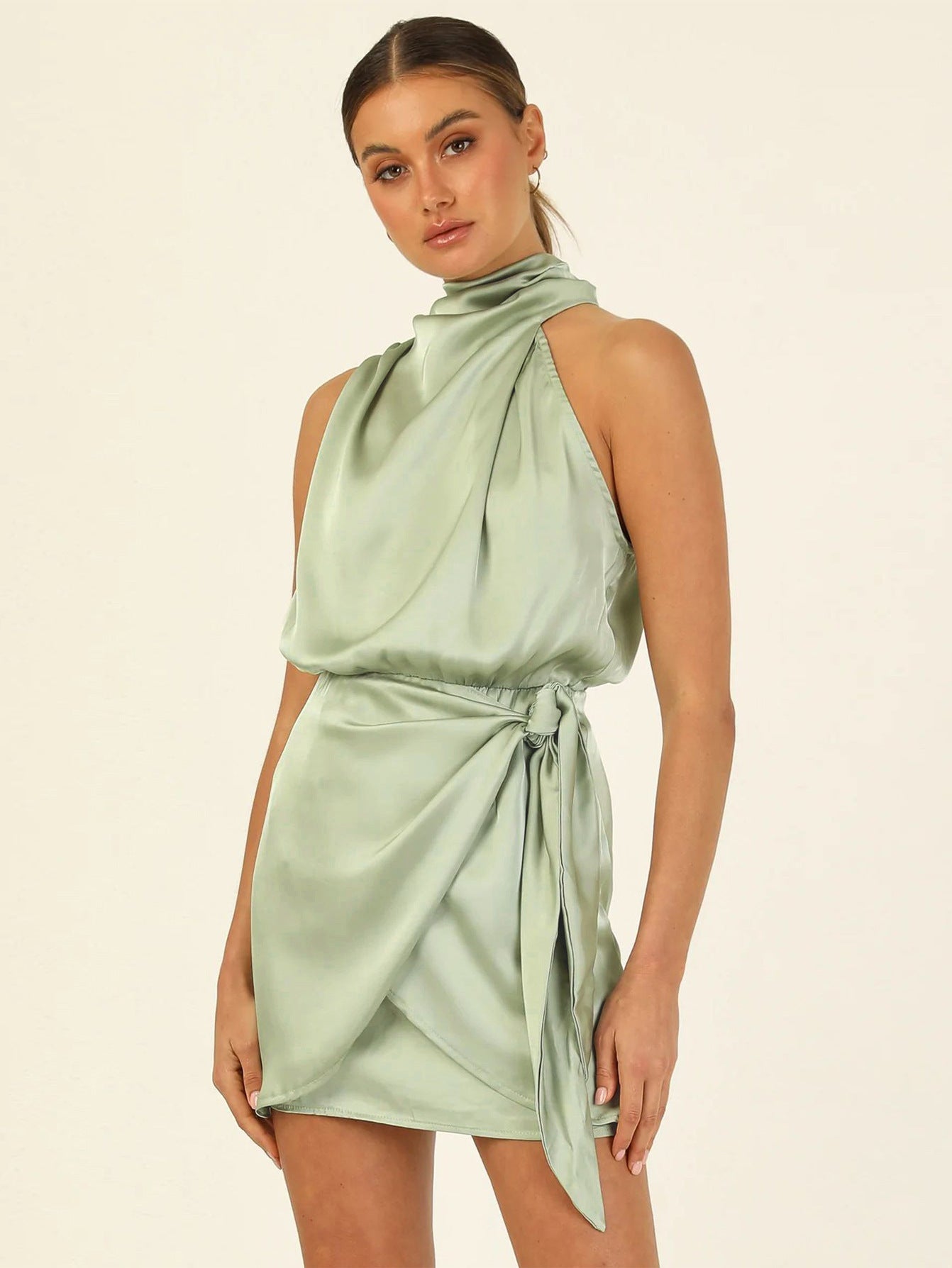 Satin Tied Slim Fit Socialite Dress Fashion.